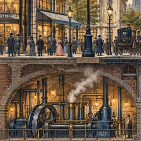 Victorian city cutaway showing telegraph wires, a pumping station and underground networks of pipes and tunnels