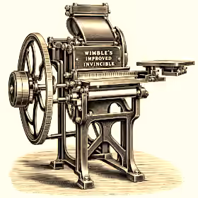 Victorian printing press with a large flywheel, gears and mechanical rollers, representing the Gulgong Advertiser's 1900 printing upgrade