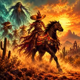 Spectral Mexican horsemen and ghostly figures against a fiery desert sunset, evoking Mexican folklore and mythology