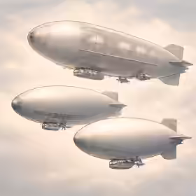 Three airships layered in the sky: a rigid Zeppelin with visible framework, a semi-rigid design with keel, and a smooth non-rigid blimp.